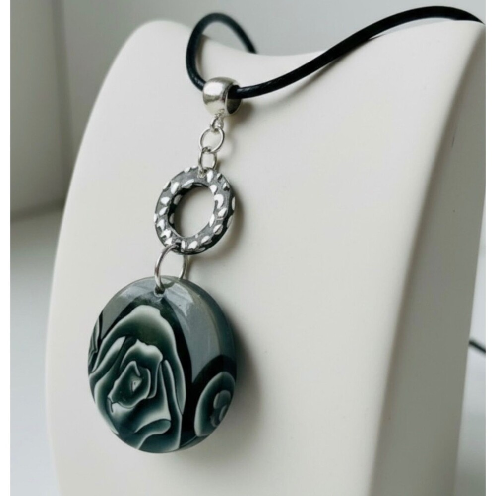 Handmade Black Rose Floral Polymer Clay Pendant Necklace Botanical Statement